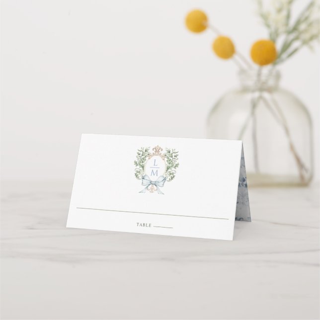 Traditional Leaf Crest w/ Bow | Monogram Wedding Place Card (Front)