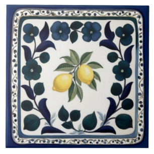 Traditional Lemons Dark Blue and White Floral Ceramic Tile