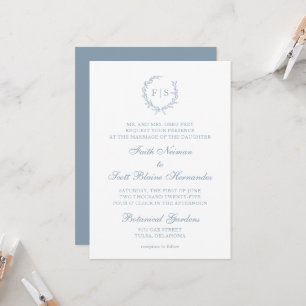 Traditional Light Blue Monogram Wreath Invitation