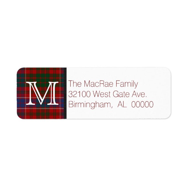 Traditional MacRae Tartan Plaid Monogram Return Address Label (Front)