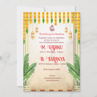 Traditional Marigold & Banana Leaf Indian Wedding Invitation