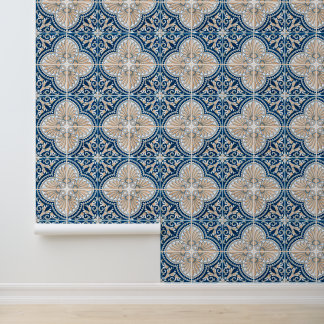 Traditional Mediterranean Blue and Tan Tile Wallpaper