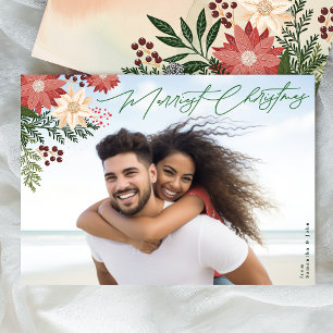 Traditional Merriest Christmas Poinsettia Photo Holiday Card