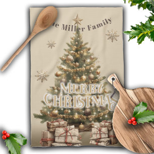 Traditional Merry Christmas Antique Gold Custom Tea Towel