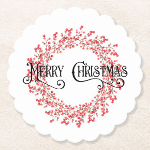 Traditional Merry Christmas Greeting Berry Wreath Paper Coaster