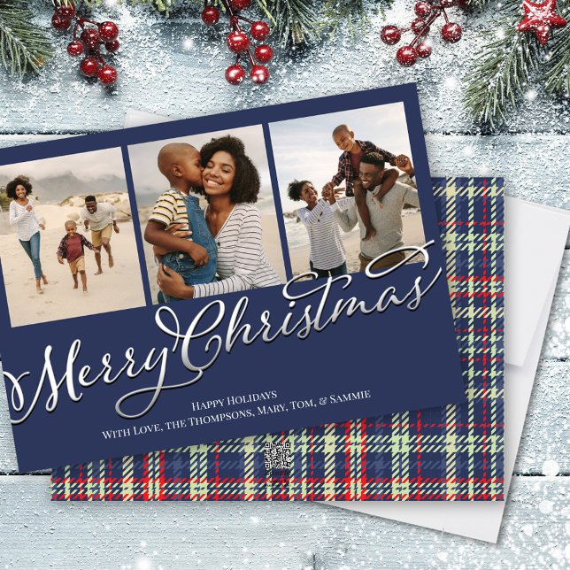 Traditional Merry Christmas Navy Blue Plaid Photo Holiday Card (Multi photo navy blue plaid holiday photo card)