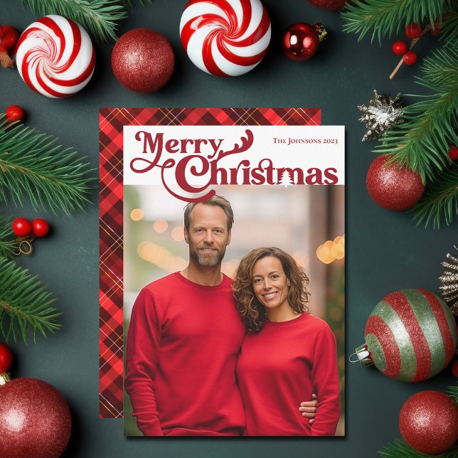 Traditional Merry Christmas Photo Red Plaid Tartan Holiday Card (Creator Uploaded)