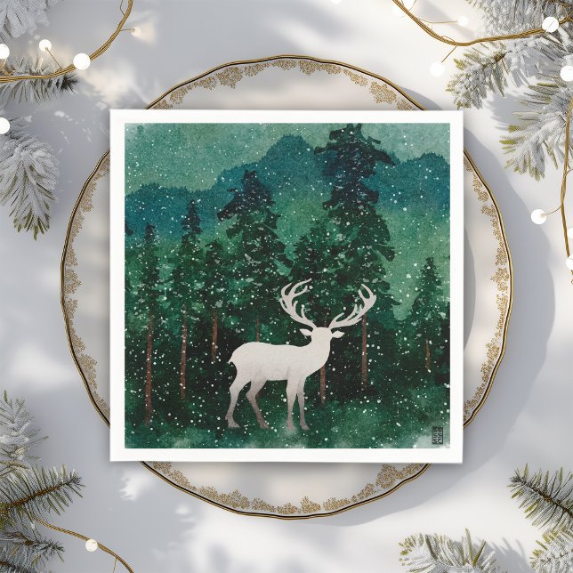 Traditional Merry Christmas Reindeer in The Forest Napkin (Creator Uploaded)