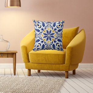 Traditional Mexican "Tiled" Decorative Blue, White Cushion