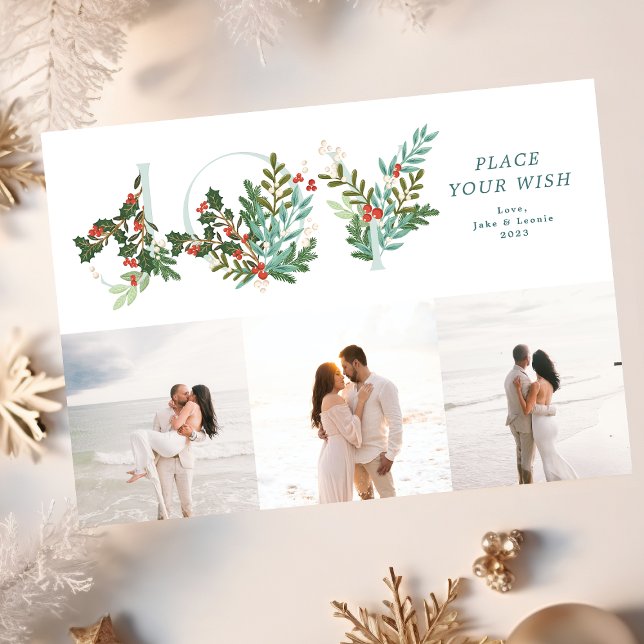 Traditional Mint Leafy Botanical JOY Collage Photo Holiday Card (Creator Uploaded)