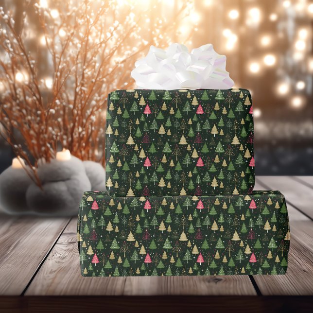 Traditional Modern Christmas Trees Green Wrapping Paper (Creator Uploaded)