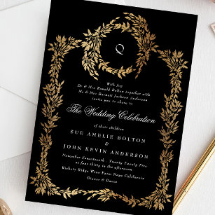 Traditional Monogram Black Crest Classic Wedding Invitation