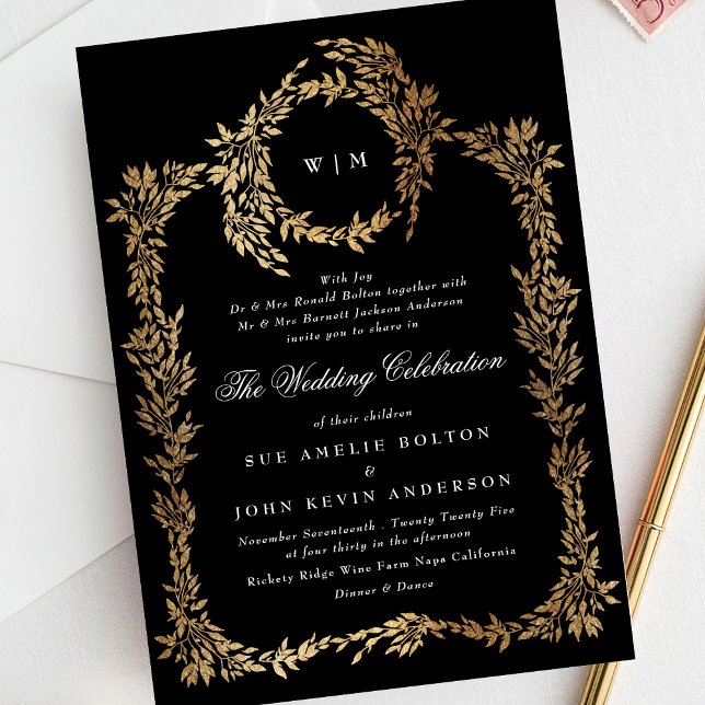 Traditional Monogram Black Crest Classic Wedding Invitation (Creator Uploaded)