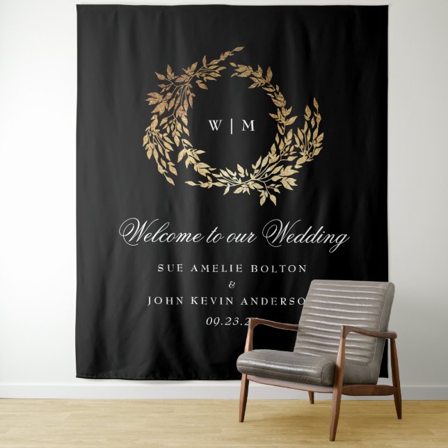 Traditional Monogram Black Crest Classic Wedding Tapestry (In Situ)