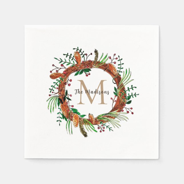 Traditional Monogram Christmas party napkins (Front)