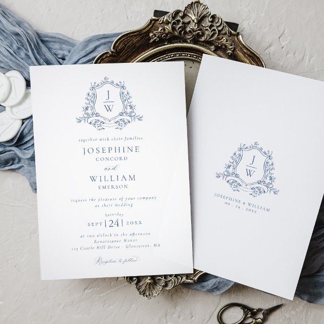 Traditional Monogram Crest Blue Elegant Wedding Invitation (Creator Uploaded)