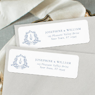 Traditional Monogram Crest Blue Wedding Address Return Address Label