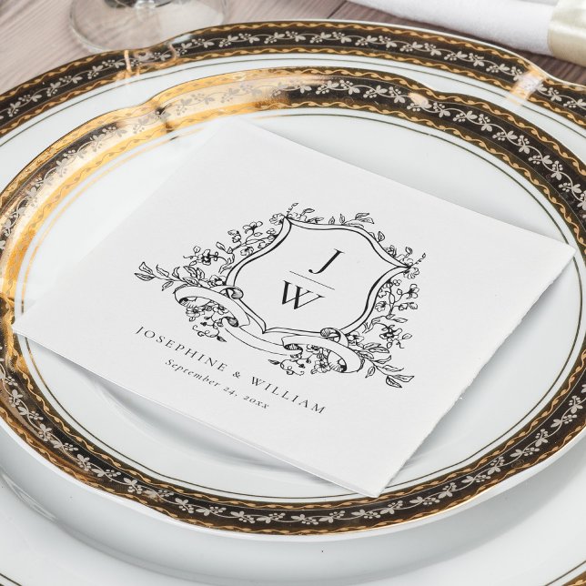 Traditional Monogram Crest Floral Elegant Wedding Napkin (Creator Uploaded)