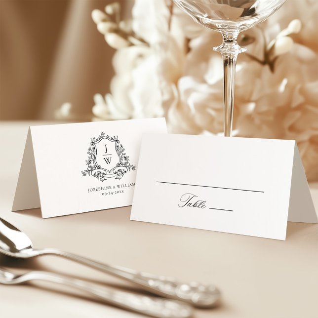 Traditional Monogram Crest Floral Elegant Wedding Place Card (Creator Uploaded)
