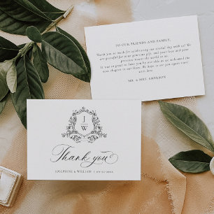 Traditional Monogram Crest Floral Elegant Wedding Thank You Card