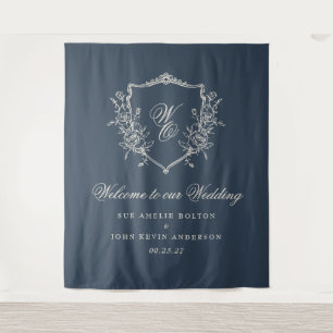 traditional Monogram Crest Navy Blue Wedding Tapestry