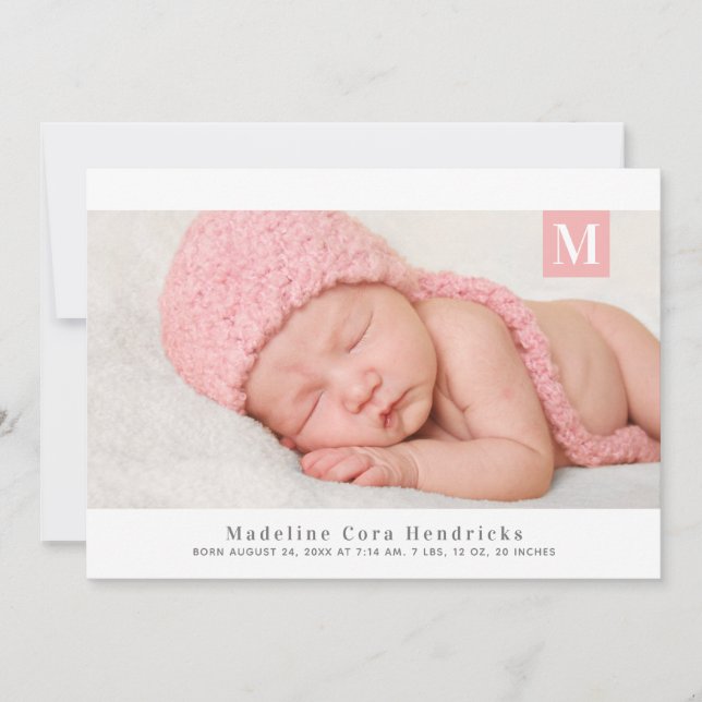 Traditional Monogram Girl Photo Birth Announcement (Front)