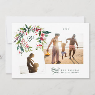 Traditional Monogram Green Wreath photo collage Holiday Card