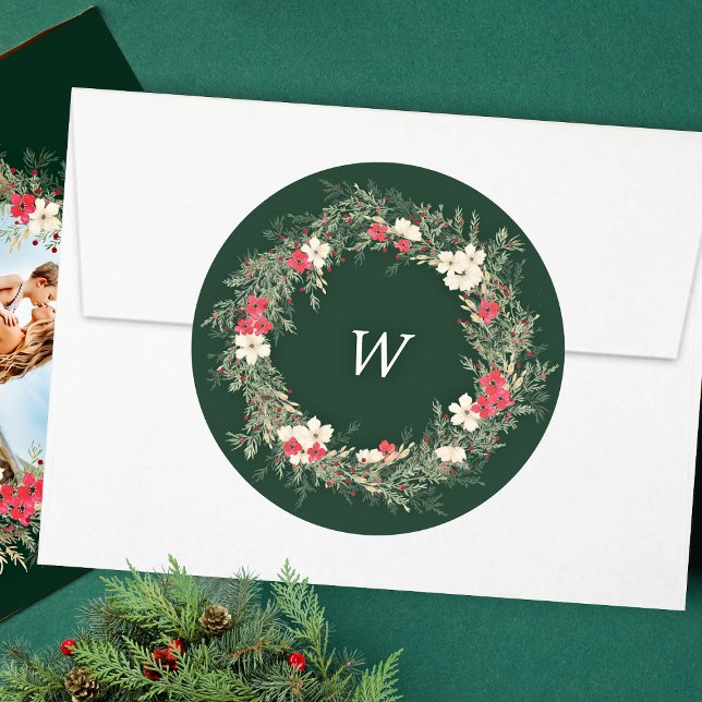 traditional monogram wreath watercolor envelope classic round sticker (Creator Uploaded)