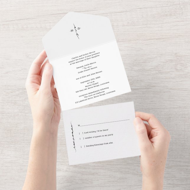 Traditional Monogrammed Hand Lettered Chic Cross All In One Invitation (Tearaway)