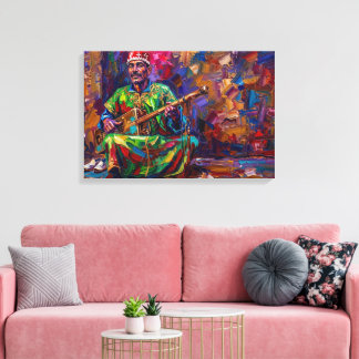 Traditional Moroccan Gnawa Musician Oil Painting Canvas Print