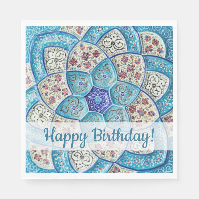 Traditional Moroccan turquoise Blue Happy Birtday Napkin (Front)