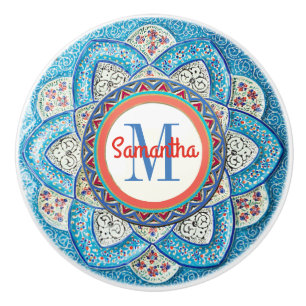 Traditional Moroccan Turquoise Blue Monogrammed Ceramic Knob