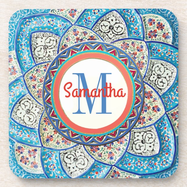 Traditional Moroccan turquoise Blue Monogrammed Coaster (Front)