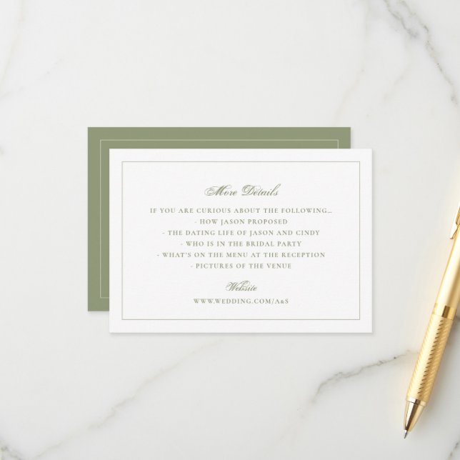 Traditional Moss Green Wedding Website Enclosure Card (Front/Back In Situ)
