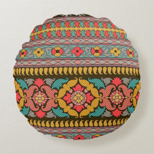 Traditional Mughal Border Designart,ethnic,fabric, Round Cushion