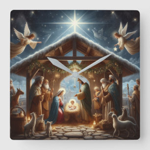 Traditional Nativity Scene Square Wall Clock
