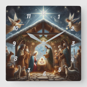 Traditional Nativity Scene Square Wall Clock