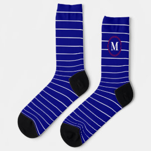 Traditional Navy Blue and White Stripes Monogram Socks