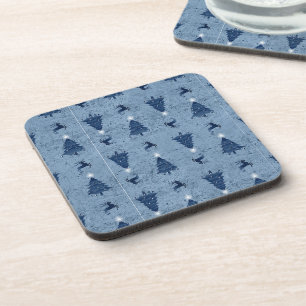 Traditional Navy Blue Christmas Trees & Reindeer Coaster