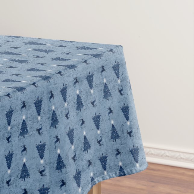 Traditional Navy Blue Christmas Trees & Reindeer Tablecloth (In Situ)