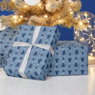Traditional Navy Blue Christmas Trees & Reindeer Wrapping Paper
