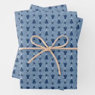 Traditional Navy Blue Christmas Trees & Reindeer Wrapping Paper Sheet