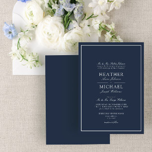 Traditional Navy Blue Classic Script Wedding Invitation