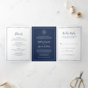 Traditional Navy Blue Elegant Wedding Tri-Fold Invitation