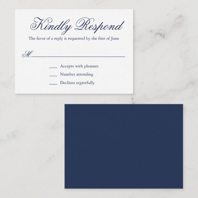 Traditional Navy Blue Formal Mini Wedding RSVP Card (Front/Back)