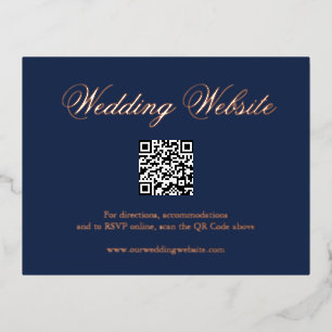 Traditional Navy Blue QR Code Wedding Enclosure Foil Invitation Postcard