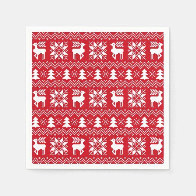 Traditional Nordic Christmas Sweater Red Pattern Napkin (Front)