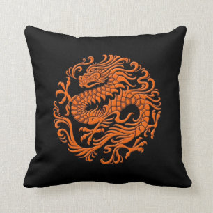 Traditional Orange and Black Chinese Dragon Circle Cushion