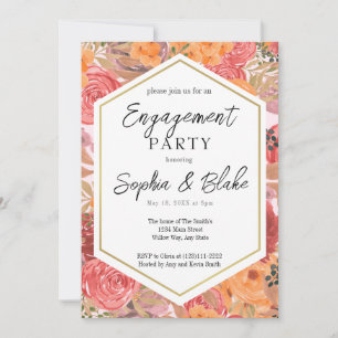Traditional Orange & Pink Floral Engagement Party  Invitation