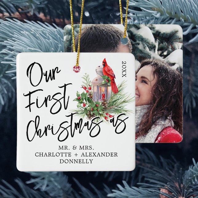 Traditional Our First Christmas Photo Ceramic Orna Ceramic Ornament (Creator Uploaded)